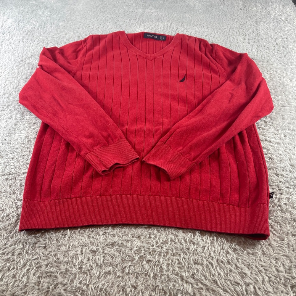 Nautica Red Ribbed V Neck Long Sleeve Cotton Sweater Mens L
